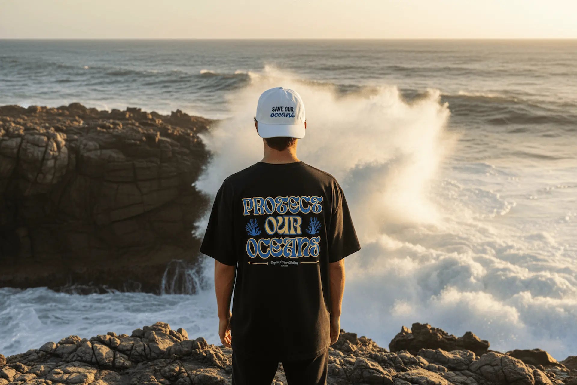Model wearing WEAR THE BLUE streetwear black t-shirt with Protect Our Oceans graphic and save our oceans white cap