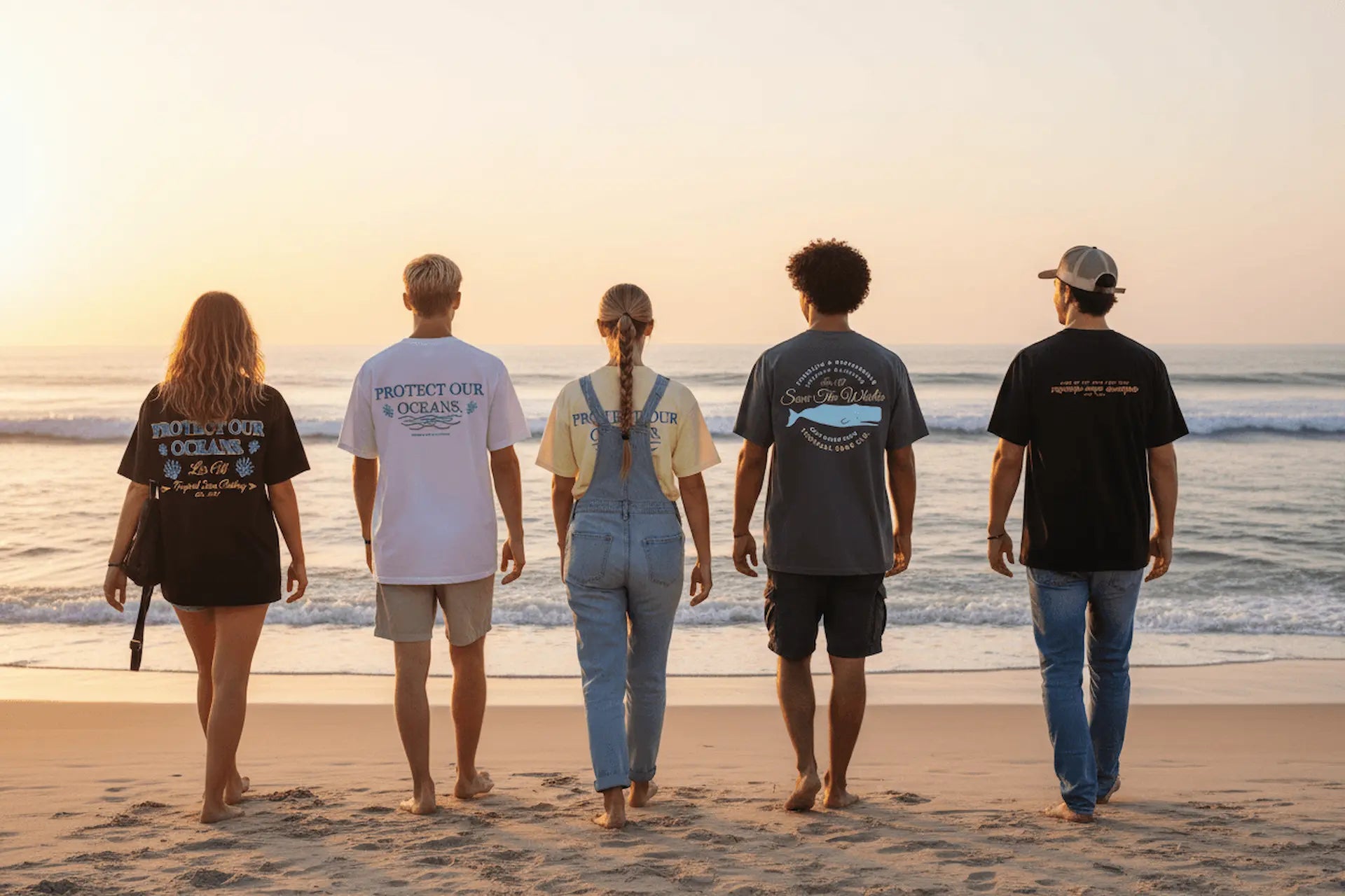 A group of friends walking on the beach wearing WEAR THE BLUE sustainable and eco-friendly graphic t-shirts